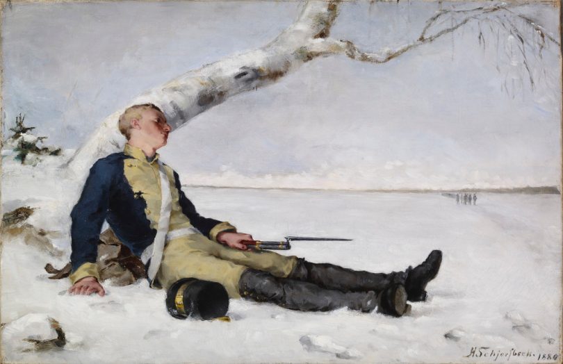 Haavoittunut soturi hangella. Helena Schjerfbeckin maalaus v. 1880.
