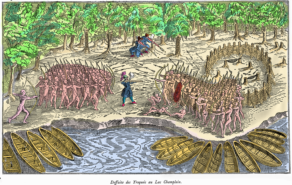 Ranskalaiset ja Huronit taistelussa irokeeseja vasaan v. 1609.