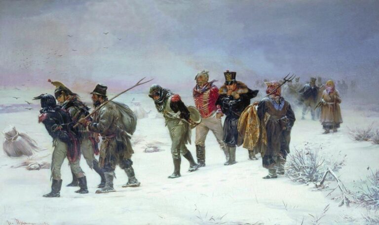 Maalaus nimeltä 1812 Napoleonin armeija vetäytyy Venäjältä.
