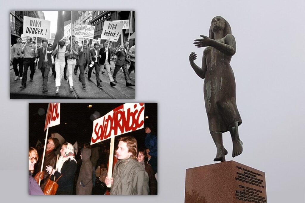 Rauhanpatsas ja mielenosoituksia Neuvostoliiton imperialismia vastaan.